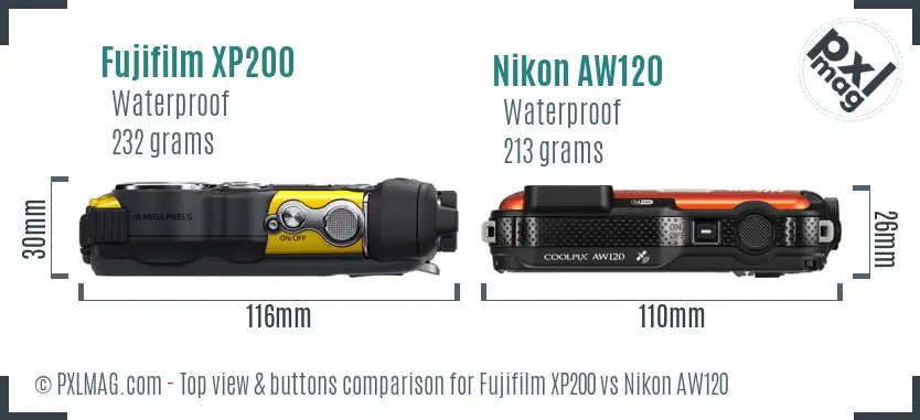 Fujifilm XP200 vs Nikon AW120 top view buttons comparison