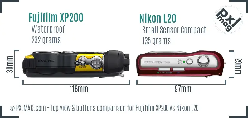 Fujifilm XP200 vs Nikon L20 top view buttons comparison
