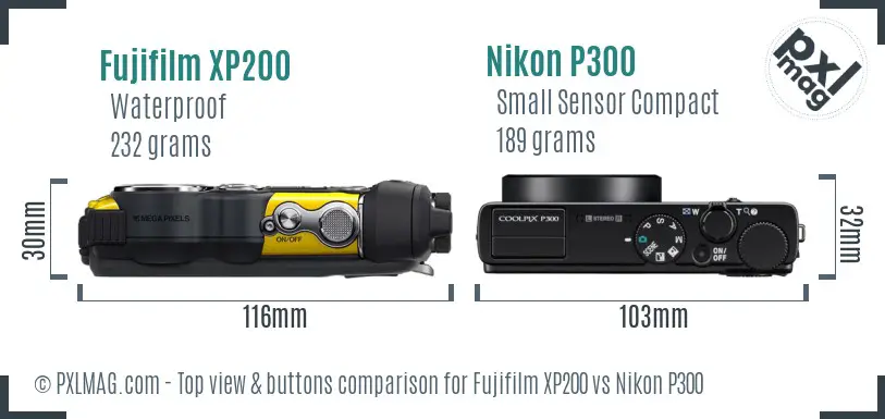 Fujifilm XP200 vs Nikon P300 top view buttons comparison Fujifilm XP200 vs Nikon P300 top view buttons comparison