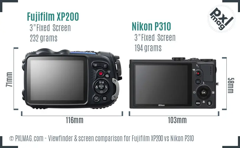 Fujifilm XP200 vs Nikon P310 Screen and Viewfinder comparison