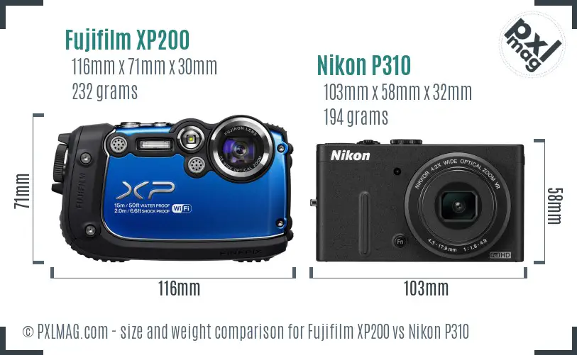 Fujifilm XP200 vs Nikon P310 size comparison