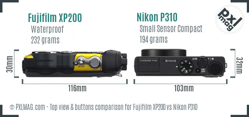 Fujifilm XP200 vs Nikon P310 top view buttons comparison