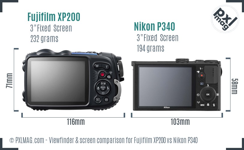Fujifilm XP200 vs Nikon P340 Screen and Viewfinder comparison