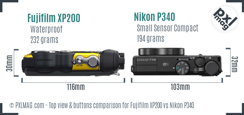 Fujifilm XP200 vs Nikon P340 top view buttons comparison