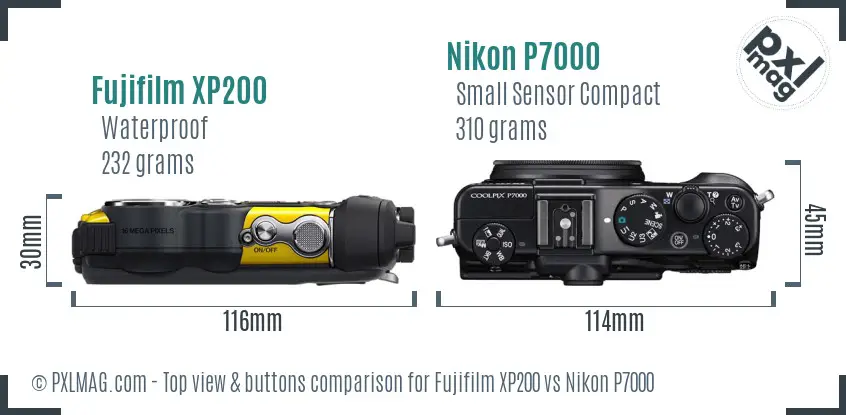 Fujifilm XP200 vs Nikon P7000 top view buttons comparison Fujifilm XP200 vs Nikon P7000 top view buttons comparison