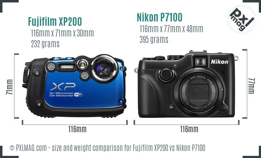 Fujifilm XP200 vs Nikon P7100 size comparison