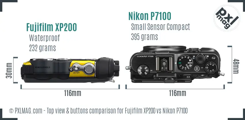 Fujifilm XP200 vs Nikon P7100 top view buttons comparison