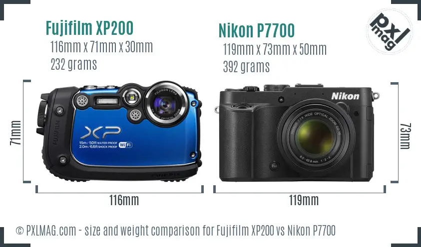 Fujifilm XP200 vs Nikon P7700 size comparison