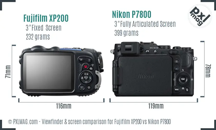 Fujifilm XP200 vs Nikon P7800 Screen and Viewfinder comparison