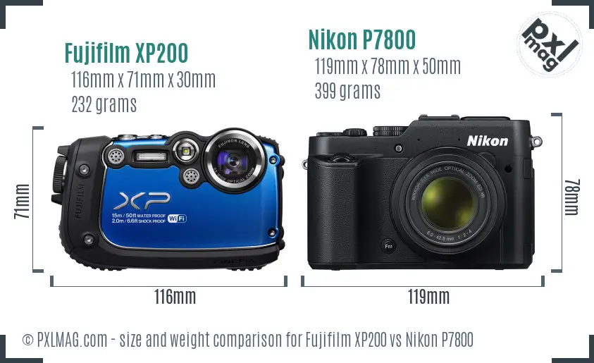 Fujifilm XP200 vs Nikon P7800 size comparison