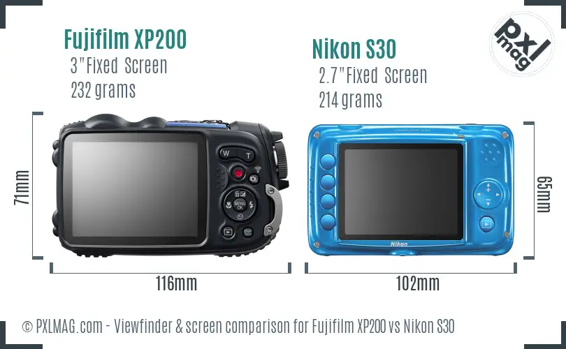 Fujifilm XP200 vs Nikon S30 Screen and Viewfinder comparison