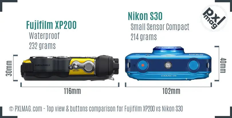 Fujifilm XP200 vs Nikon S30 top view buttons comparison