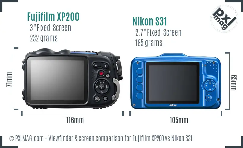 Fujifilm XP200 vs Nikon S31 Screen and Viewfinder comparison