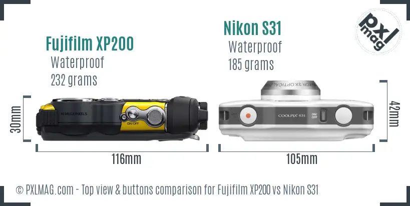 Fujifilm XP200 vs Nikon S31 top view buttons comparison