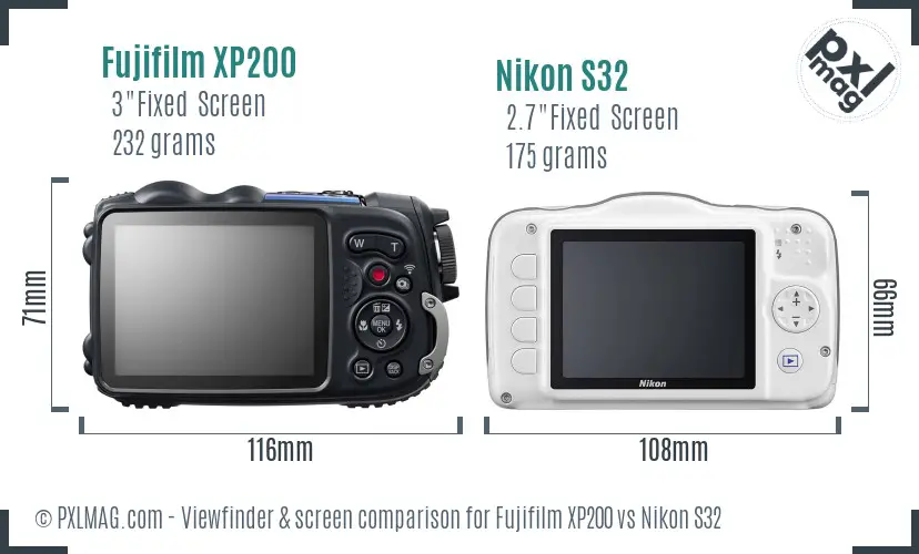 Fujifilm XP200 vs Nikon S32 Screen and Viewfinder comparison