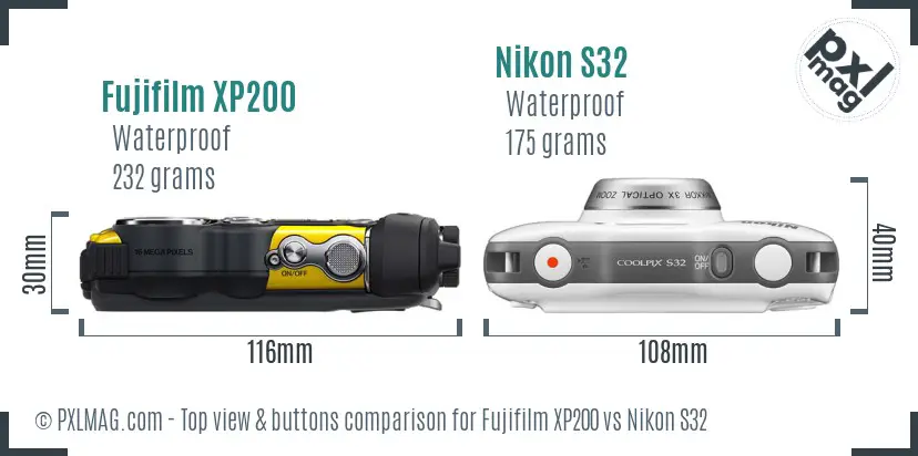 Fujifilm XP200 vs Nikon S32 top view buttons comparison
