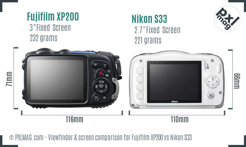 Fujifilm XP200 vs Nikon S33 Screen and Viewfinder comparison