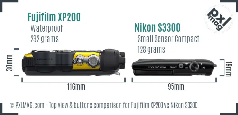 Fujifilm XP200 vs Nikon S3300 top view buttons comparison Fujifilm XP200 vs Nikon S3300 top view buttons comparison