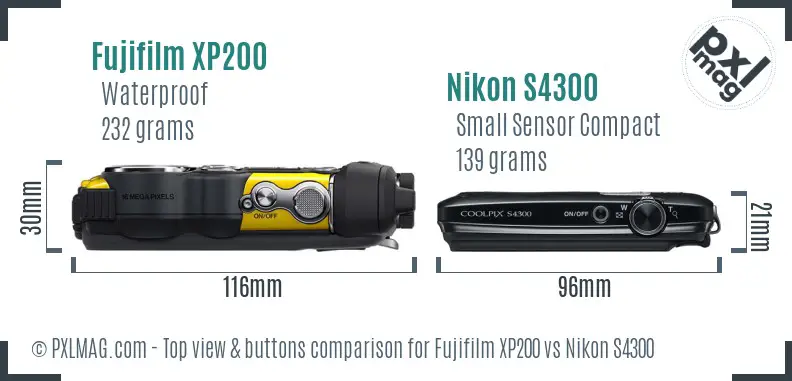 Fujifilm XP200 vs Nikon S4300 top view buttons comparison