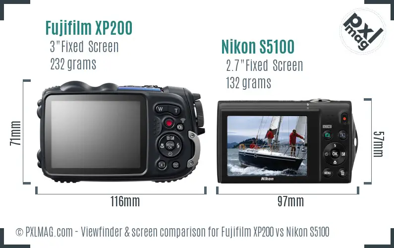 Fujifilm XP200 vs Nikon S5100 Screen and Viewfinder comparison