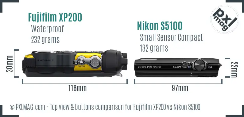Fujifilm XP200 vs Nikon S5100 top view buttons comparison