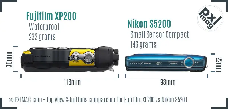 Fujifilm XP200 vs Nikon S5200 top view buttons comparison Fujifilm XP200 vs Nikon S5200 top view buttons comparison