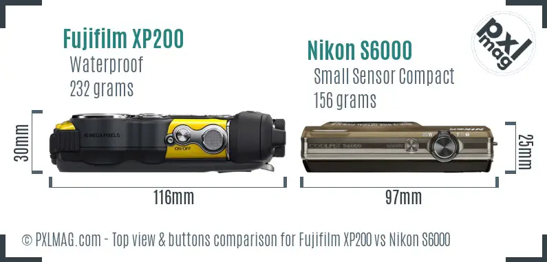 Fujifilm XP200 vs Nikon S6000 top view buttons comparison Fujifilm XP200 vs Nikon S6000 top view buttons comparison