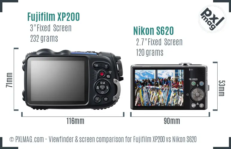 Fujifilm XP200 vs Nikon S620 Screen and Viewfinder comparison