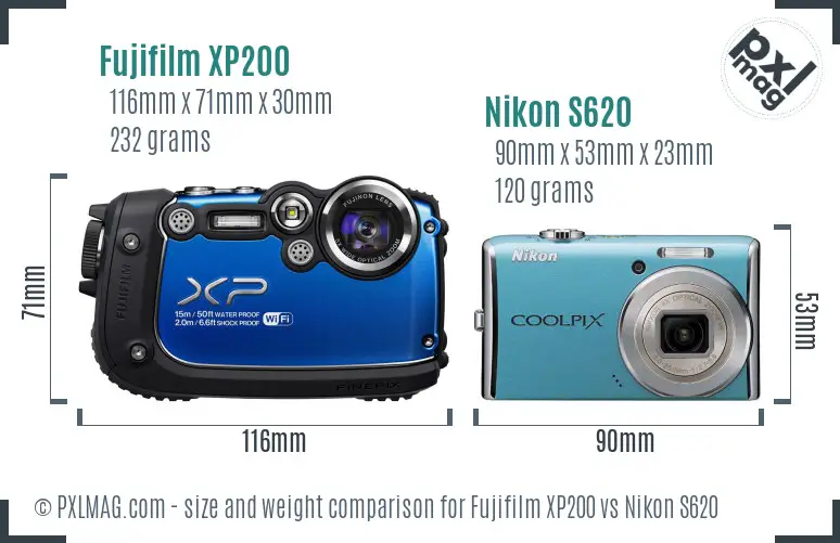 Fujifilm XP200 vs Nikon S620 size comparison