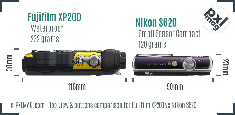 Fujifilm XP200 vs Nikon S620 top view buttons comparison