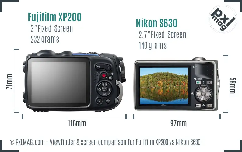 Fujifilm XP200 vs Nikon S630 Screen and Viewfinder comparison