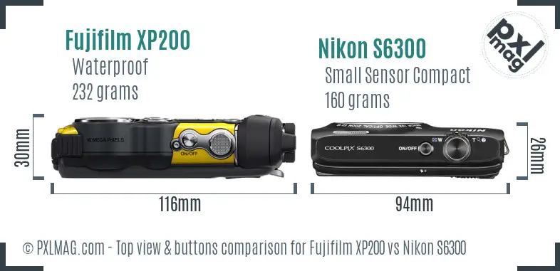 Fujifilm XP200 vs Nikon S6300 top view buttons comparison Fujifilm XP200 vs Nikon S6300 top view buttons comparison