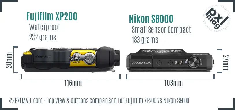 Fujifilm XP200 vs Nikon S8000 top view buttons comparison Fujifilm XP200 vs Nikon S8000 top view buttons comparison