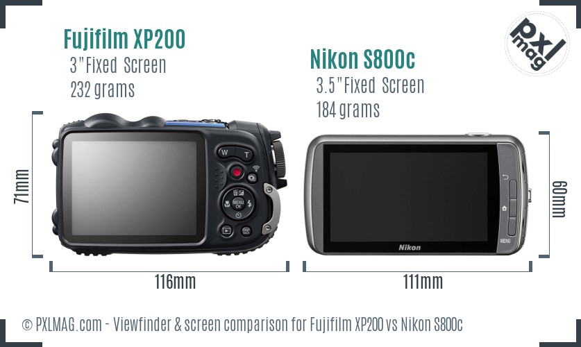 Fujifilm XP200 vs Nikon S800c Screen and Viewfinder comparison