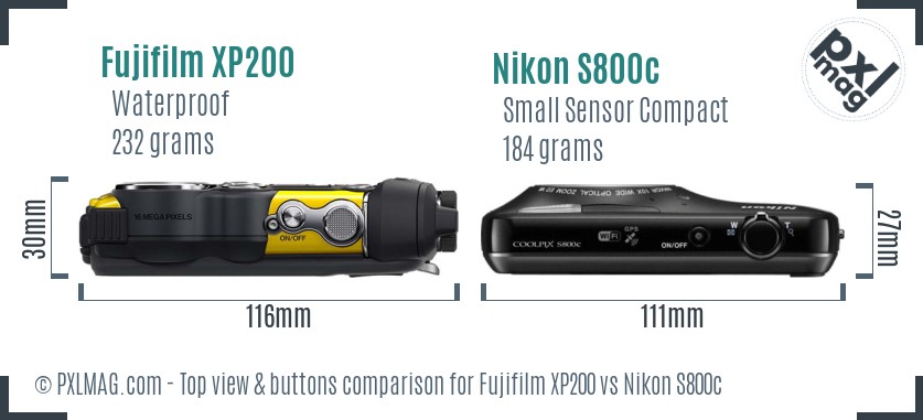 Fujifilm XP200 vs Nikon S800c top view buttons comparison