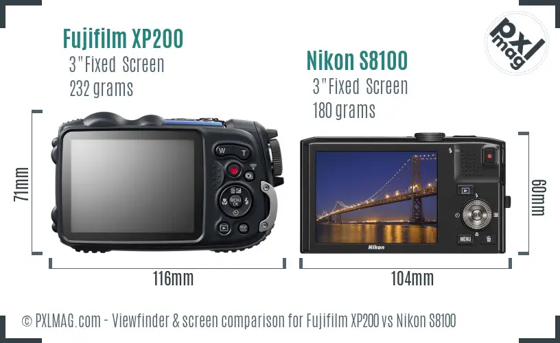 Fujifilm XP200 vs Nikon S8100 Screen and Viewfinder comparison