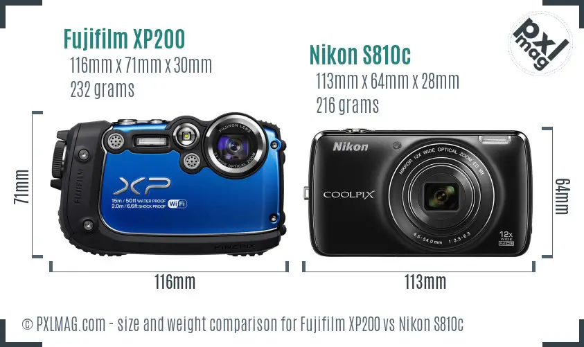 Fujifilm XP200 vs Nikon S810c size comparison