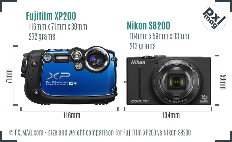 Fujifilm XP200 vs Nikon S8200 size comparison
