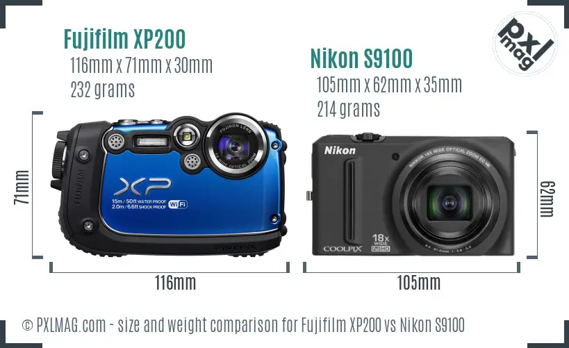 Fujifilm XP200 vs Nikon S9100 size comparison