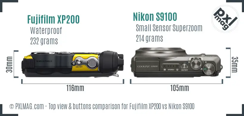 Fujifilm XP200 vs Nikon S9100 top view buttons comparison