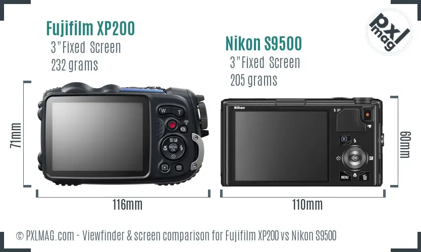 Fujifilm XP200 vs Nikon S9500 Screen and Viewfinder comparison