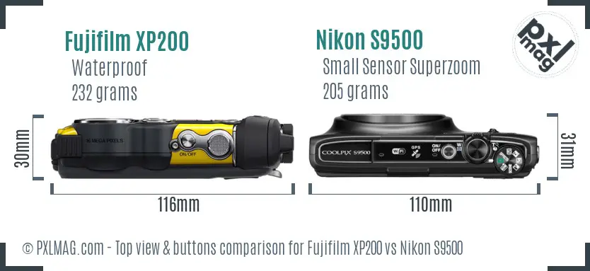 Fujifilm XP200 vs Nikon S9500 top view buttons comparison