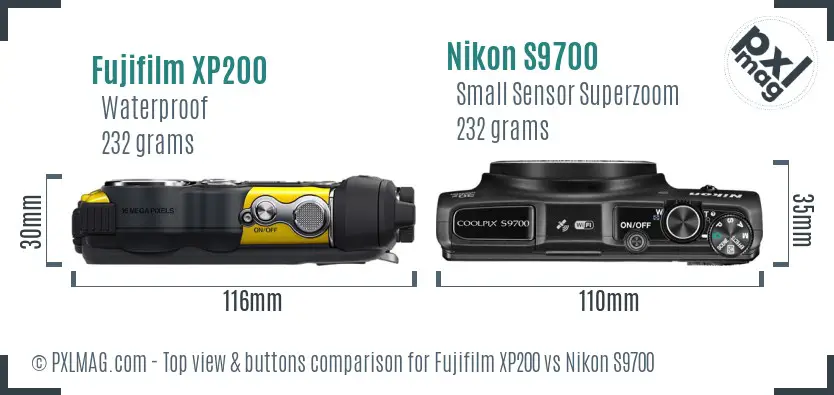 Fujifilm XP200 vs Nikon S9700 top view buttons comparison Fujifilm XP200 vs Nikon S9700 top view buttons comparison