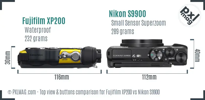 Fujifilm XP200 vs Nikon S9900 top view buttons comparison
