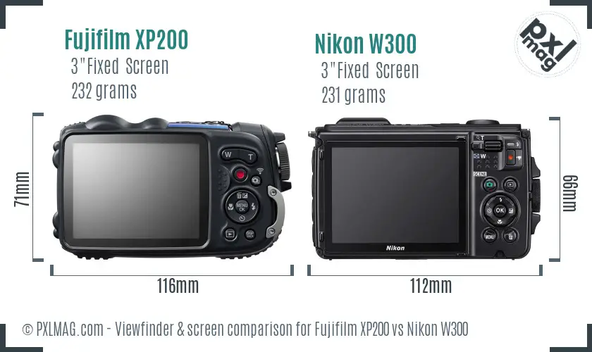 Fujifilm XP200 vs Nikon W300 Screen and Viewfinder comparison
