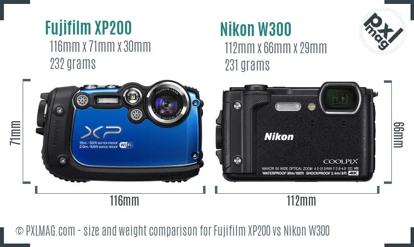 Fujifilm XP200 vs Nikon W300 size comparison
