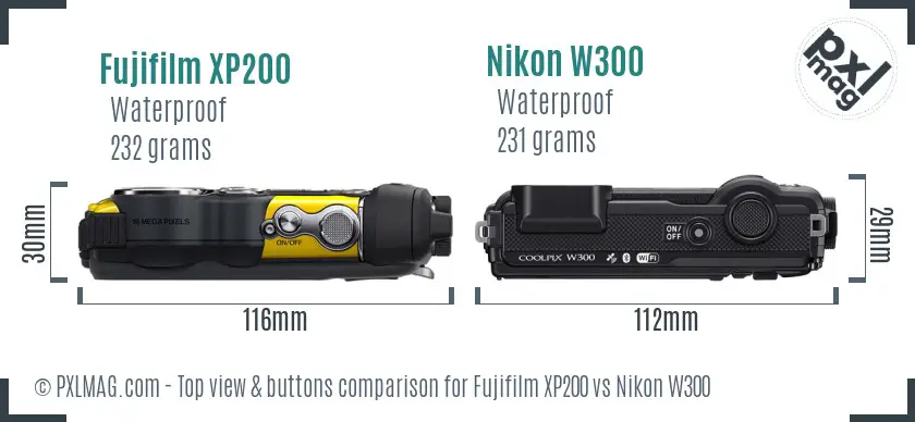 Fujifilm XP200 vs Nikon W300 top view buttons comparison