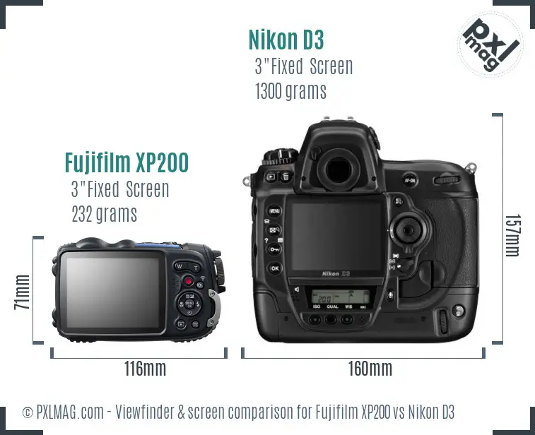 Fujifilm XP200 vs Nikon D3 Screen and Viewfinder comparison