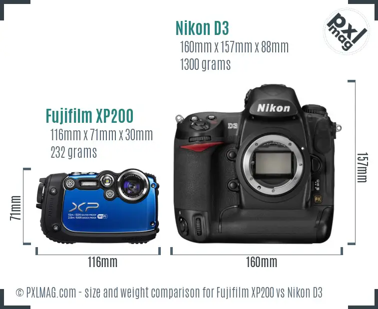 Fujifilm XP200 vs Nikon D3 size comparison