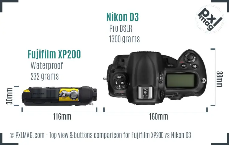 Fujifilm XP200 vs Nikon D3 top view buttons comparison
